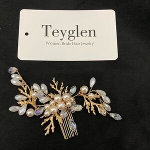 NWT Bridal hair jewelry comb gold Pearl glass color